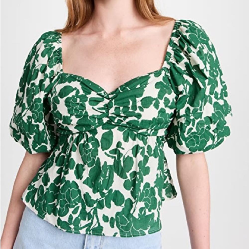 English factory green floral puff sleeve tie back top